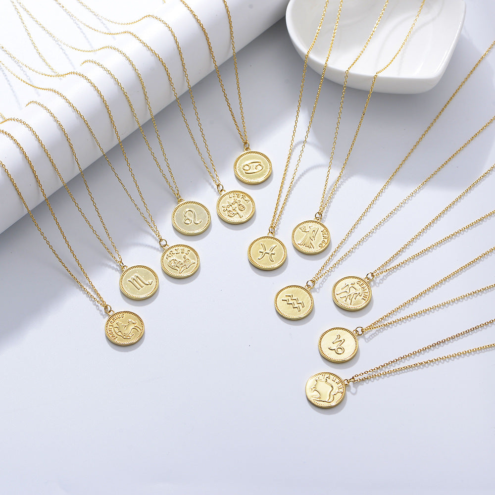 925 Sterling Silver Gold Plated 12 Zodiac Coin Necklace, Vintage Ins Style Jewelry
