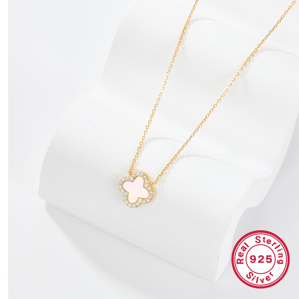 925 Sterling Silver Four-Leaf Clover Necklace | Zircon Inlaid Light Luxury Clavicle Chain for Women, Cross-Border Wholesale