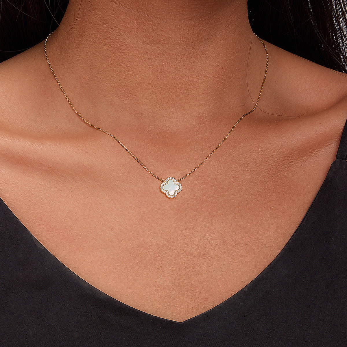 925 Sterling Silver Four-Leaf Clover Necklace | Zircon Inlaid Light Luxury Clavicle Chain for Women, Cross-Border Wholesale
