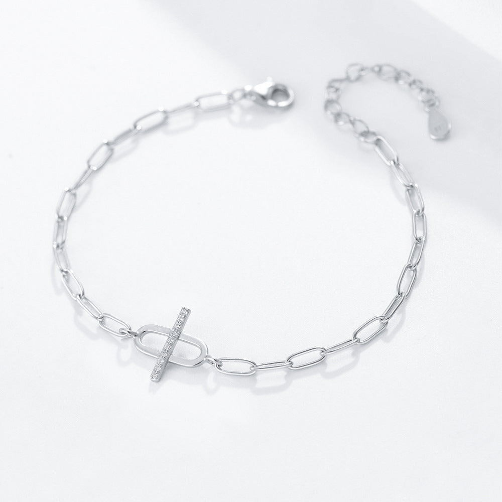 925 Sterling Silver Micro-Pave Zirconia Chain Bracelet, Minimalist High-End Design Jewelry