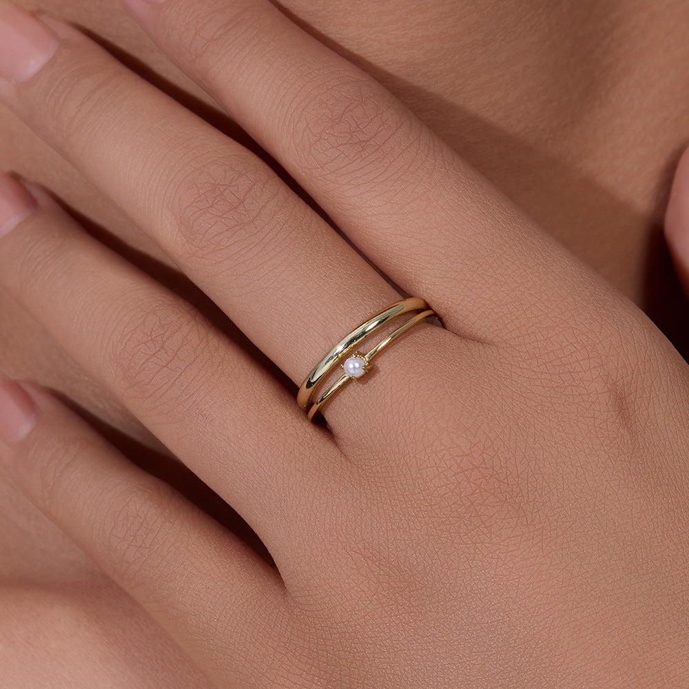 925 Sterling Silver Double Layer Pearl Ring, Minimalist Open Band