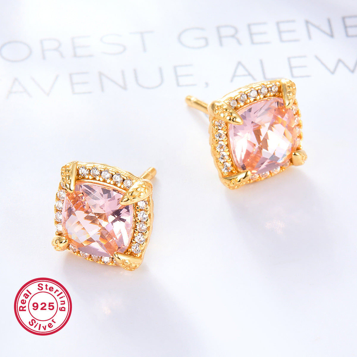 S925 Pink Square Zircon Necklace Set | Dainty Women's Jewelry