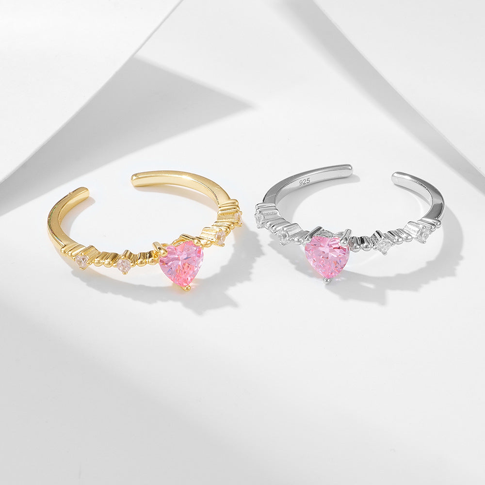 925 Sterling Silver Pink Heart Zirconia Open Ring, Dainty Romantic Aesthetic Adjustable Jewelry