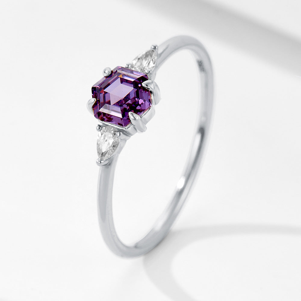 925 Sterling Silver Hexagon Purple Zirconia Ring, Minimalist High-End Geometric Jewelry