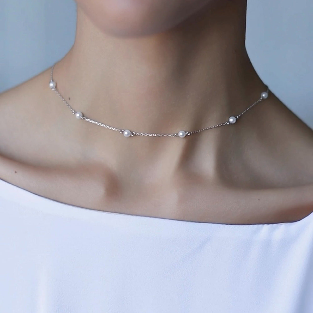 White Shell Pearl Choker - 925 Sterling Silver Minimalist Luxury Chain