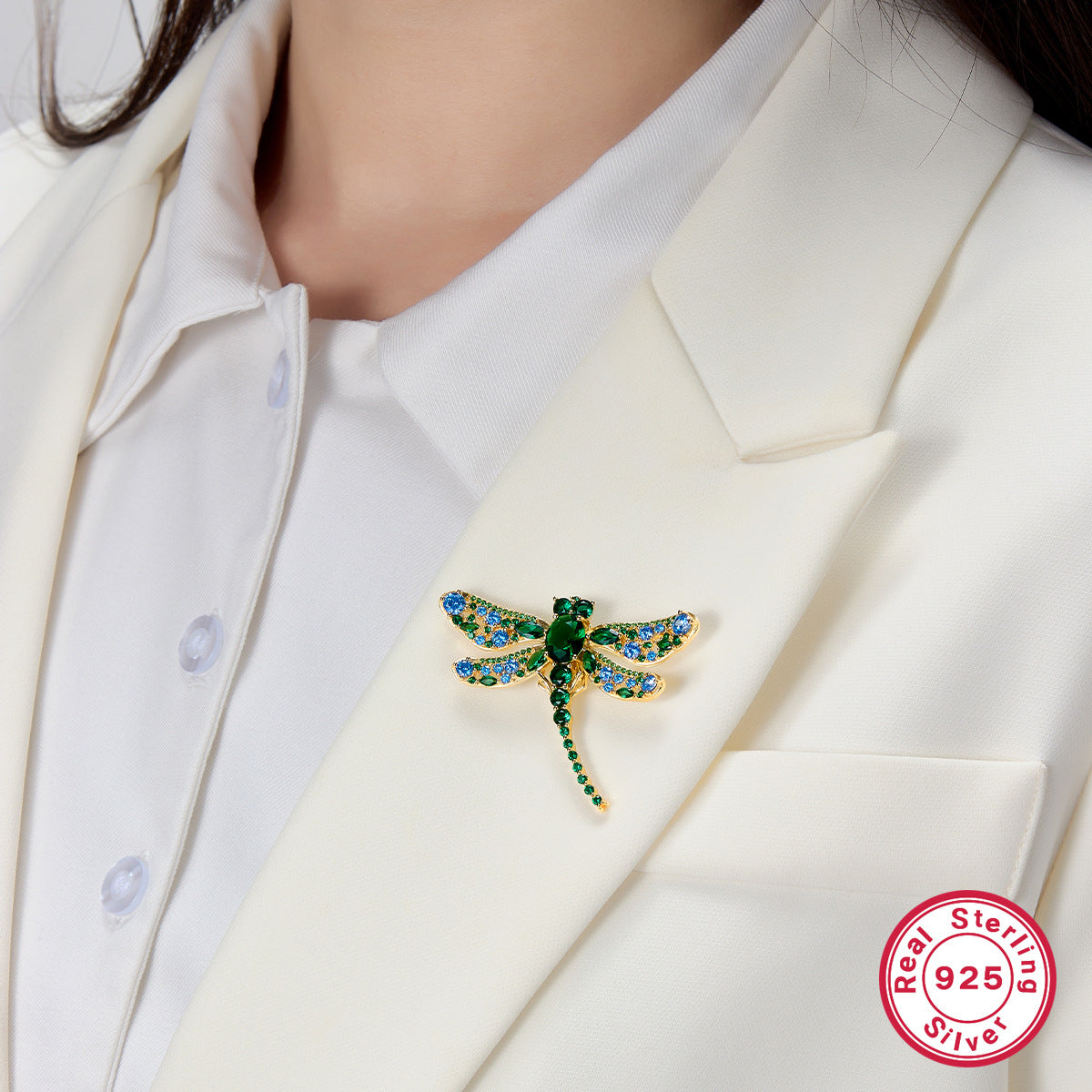 Vintage Dragonfly Brooch - 925 Silver Emerald Zircon Wholesale