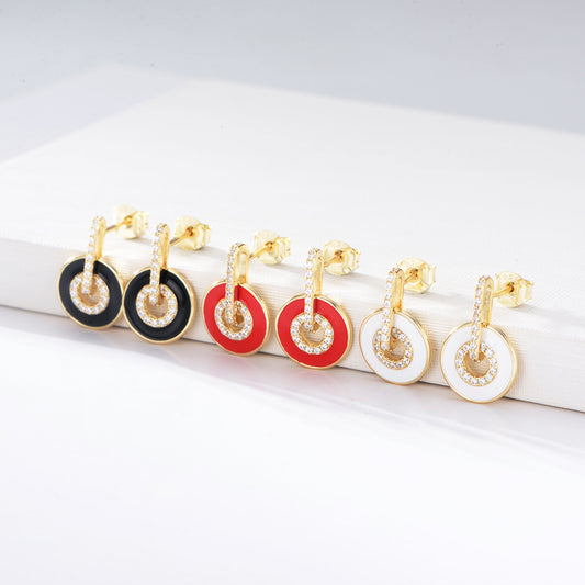 925 Sterling Silver Enamel Hoop Earrings, Pave Zirconia Geometric Studs
