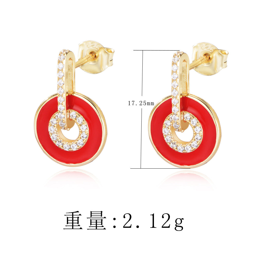 925 Sterling Silver Enamel Hoop Earrings, Pave Zirconia Geometric Studs