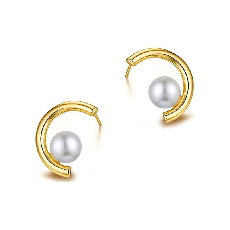 S925 Silver Modern C-Hoop Pearl Studs - Elegant Half-Circle Versatile Earrings