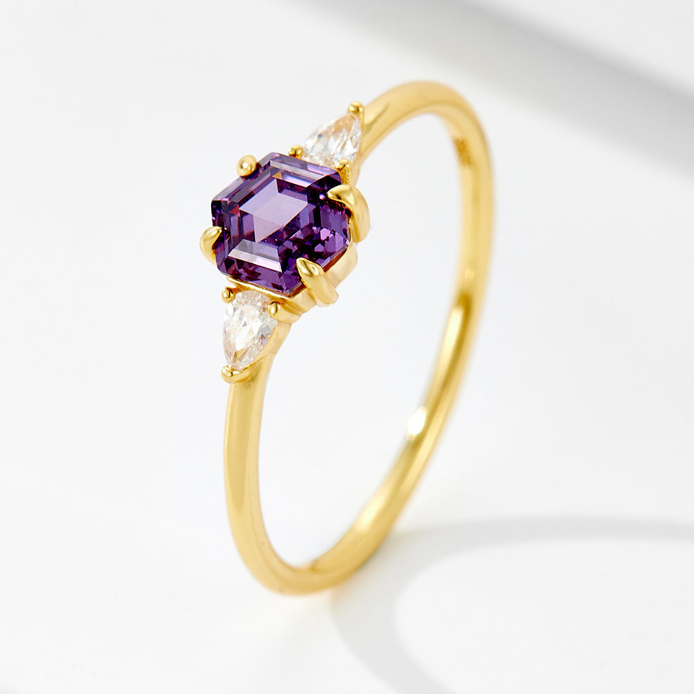925 Sterling Silver Hexagon Purple Zirconia Ring, Minimalist High-End Geometric Jewelry