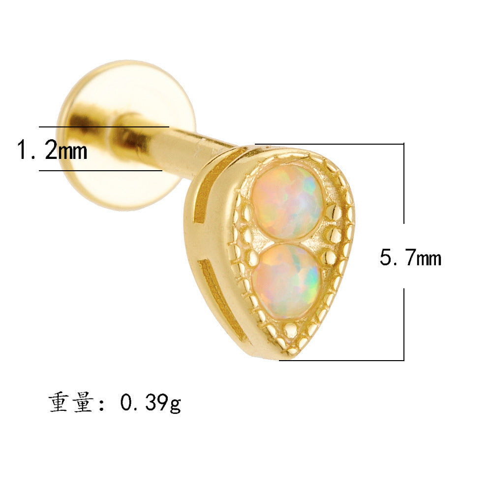 925 Sterling Silver Geometric Opal Labret Stud, Threaded Cartilage Piercing High-End Trendy Jewelry