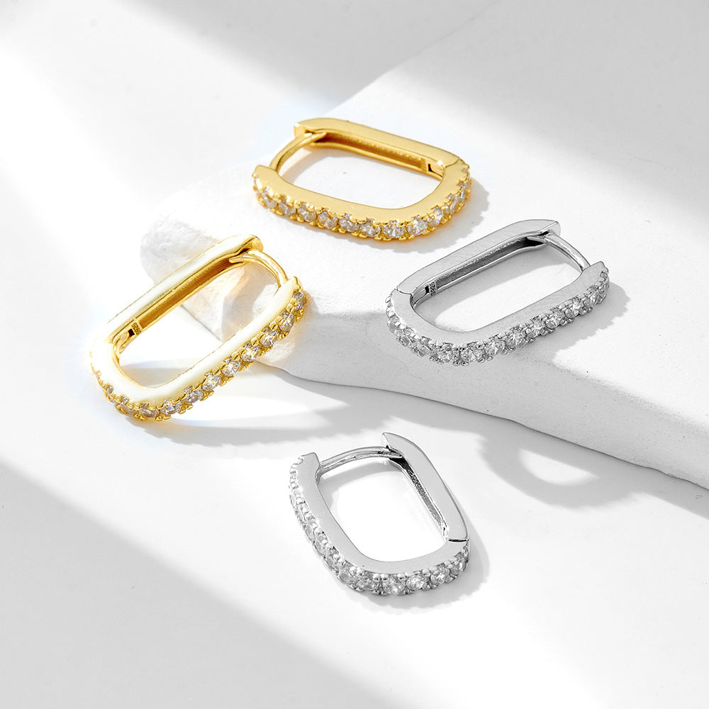 925 Sterling Silver Oval Zirconia Hoop Earrings, High-End Fashion Huggie Jewelry