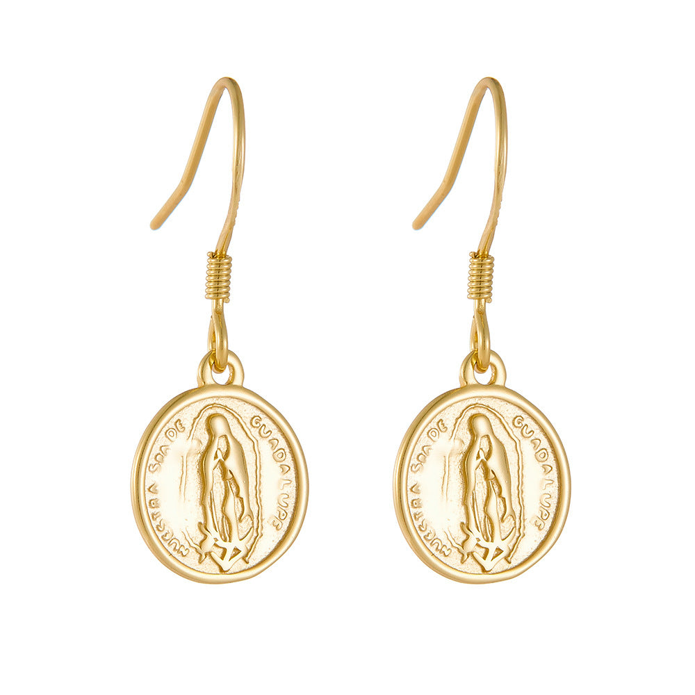 925 Sterling Silver Virgin Mary Coin Drop Earrings, Vintage European & American Style Jewelry