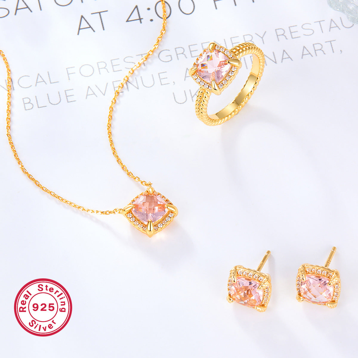 S925 Pink Square Zircon Necklace Set | Dainty Women's Jewelry