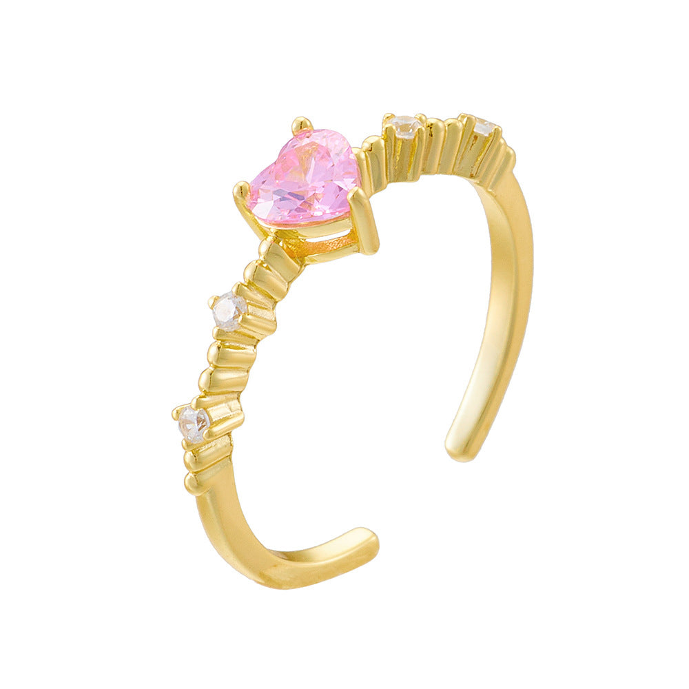 925 Sterling Silver Pink Heart Zirconia Open Ring, Dainty Romantic Aesthetic Adjustable Jewelry
