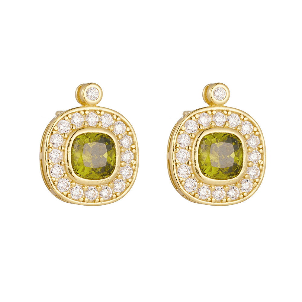 925 Sterling Silver Vintage Olive Green Zirconia Stud Earrings, Minimalist Geometric Jewelry