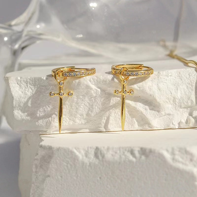 S925 Sterling Silver Cross Dagger Earrings | Light Luxury Zircon Inlay European & American Jewelry