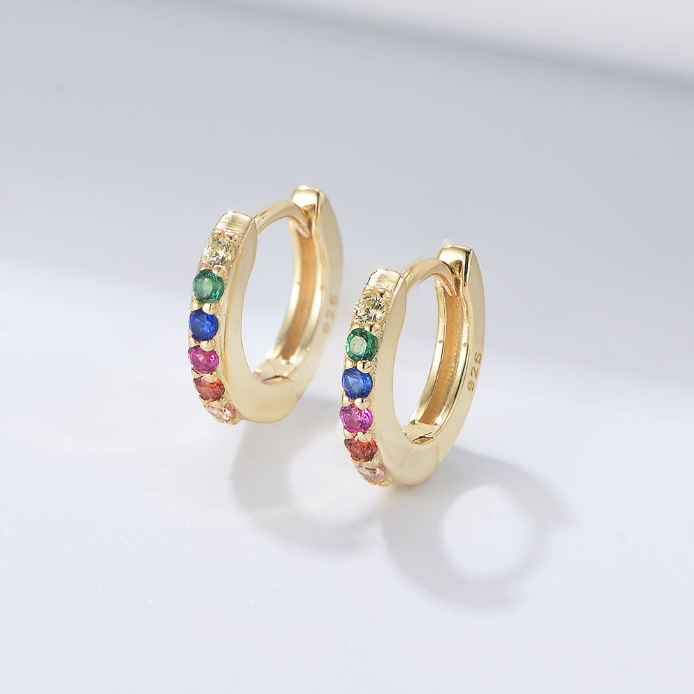 925 Sterling Silver Rainbow Zircon Hoop Earrings, Micro-Pave Colored CZ Huggie Hoops, Hypoallergenic Round Ear Buckles, Dainty Tiny Hoops for Women