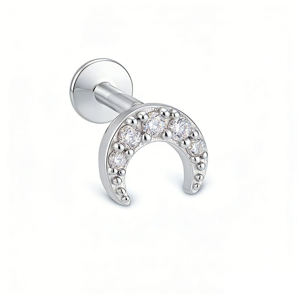 925 Sterling Silver Pave Zirconia Moon Labret Stud, Minimalist Flat Back Cartilage Piercing