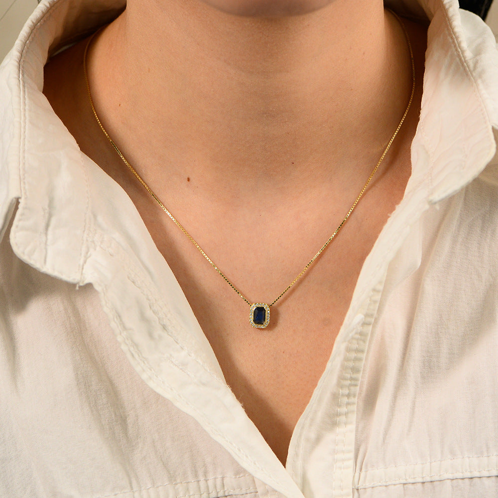925 Sterling Silver Square Blue Zirconia Pendant Necklace, French Light Luxury High-End Jewelry