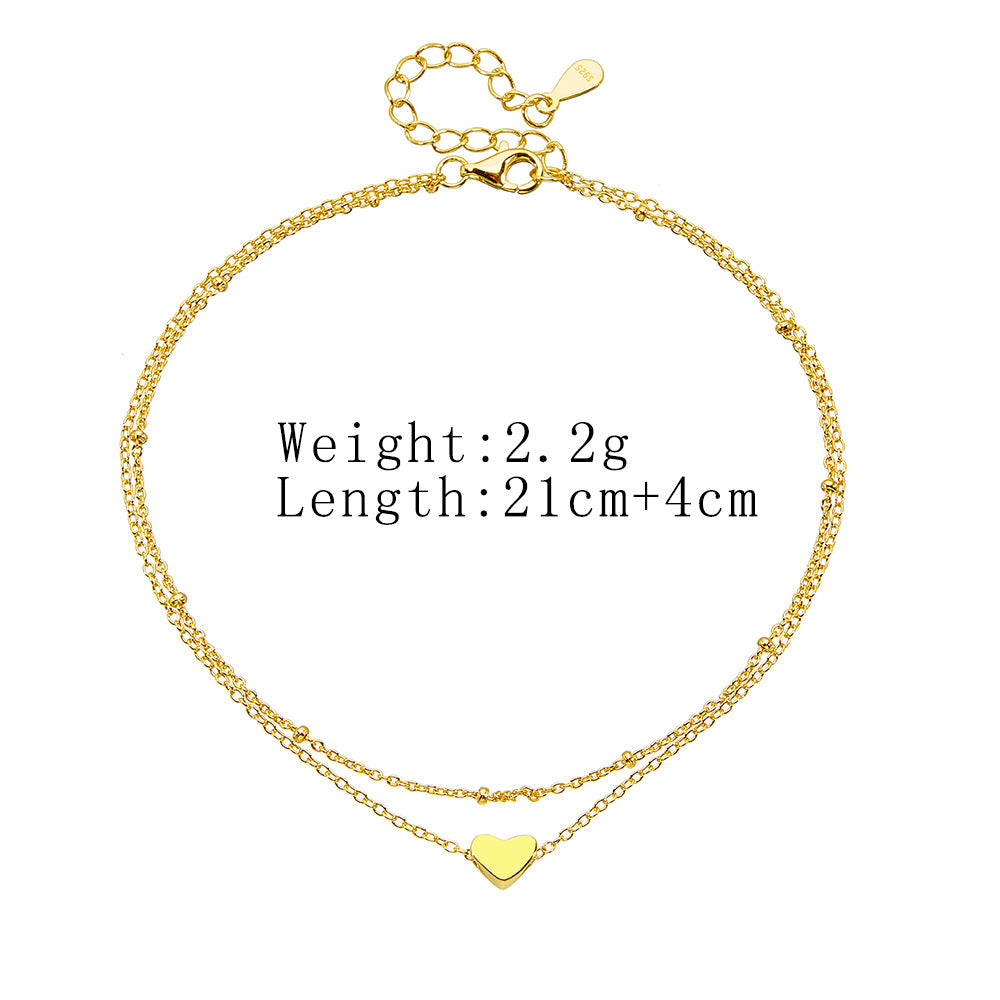 925 Sterling Silver Double Layer Heart Pendant Anklet, Gold Plated Fashion Jewelry