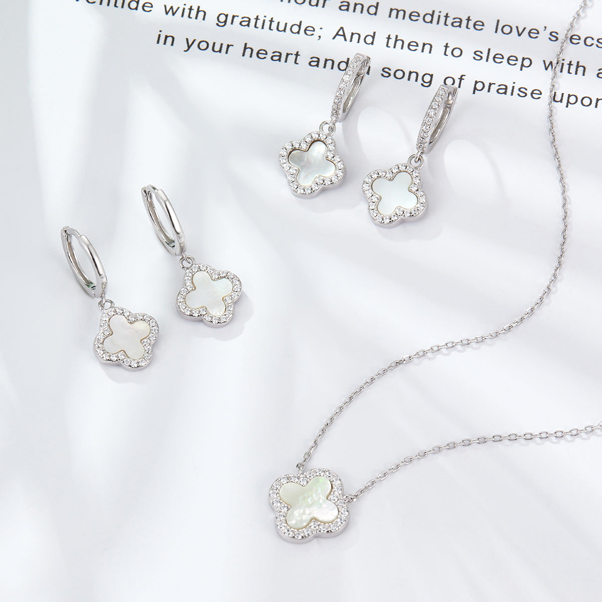 Four Leaf Clover Necklace & Earrings Set - Sterling Silver Black Agate Jewelry Gift