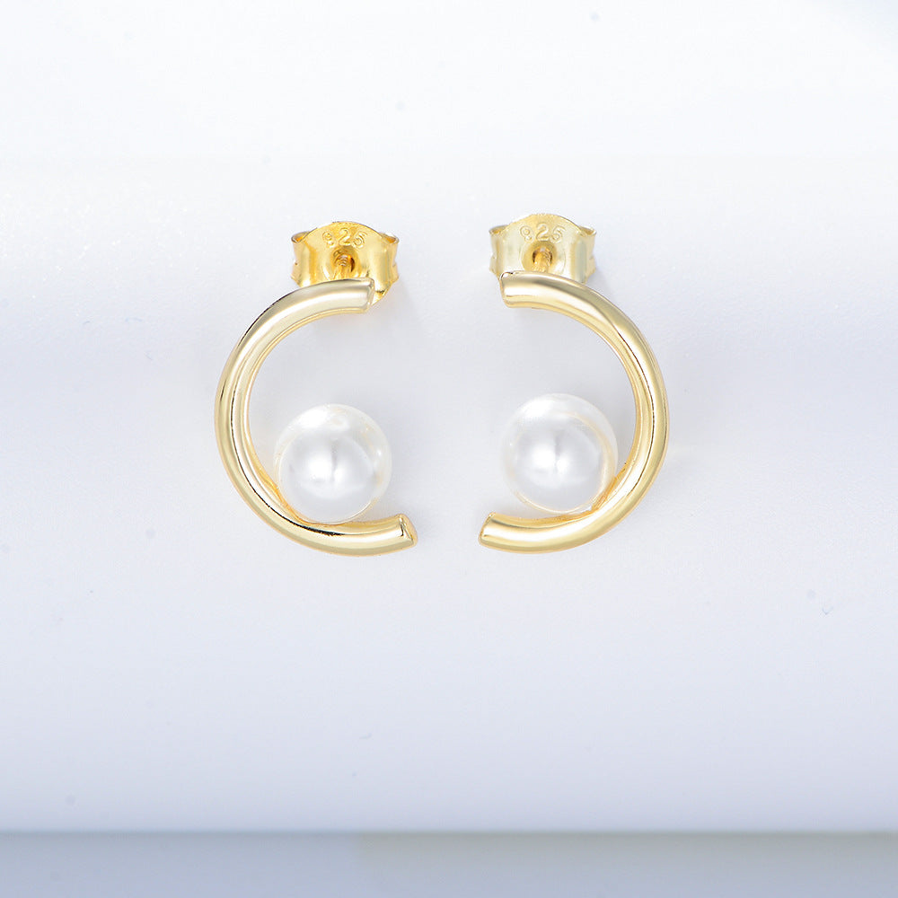 S925 Silver Modern C-Hoop Pearl Studs - Elegant Half-Circle Versatile Earrings