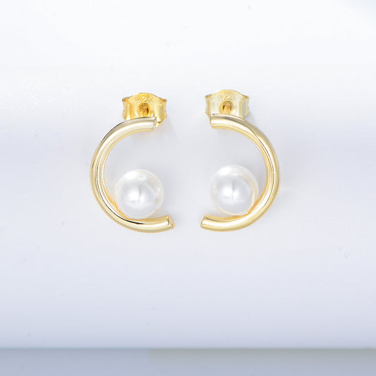 S925 Silver Modern C-Hoop Pearl Studs - Elegant Half-Circle Versatile Earrings
