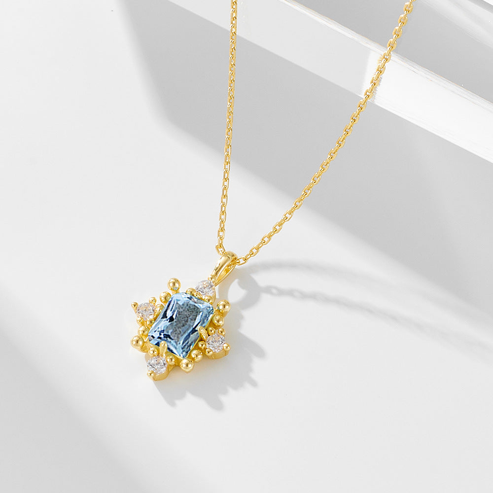 925 Sterling Silver Natural Sky Blue Topaz Necklace, Vintage Light Luxury Design Jewelry