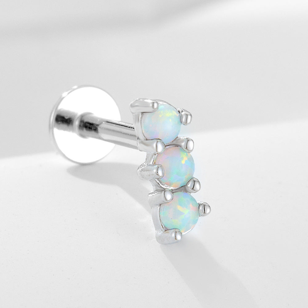 925 Sterling Silver Geometric Opal Labret Stud, Threaded Cartilage Piercing High-End Trendy Jewelry