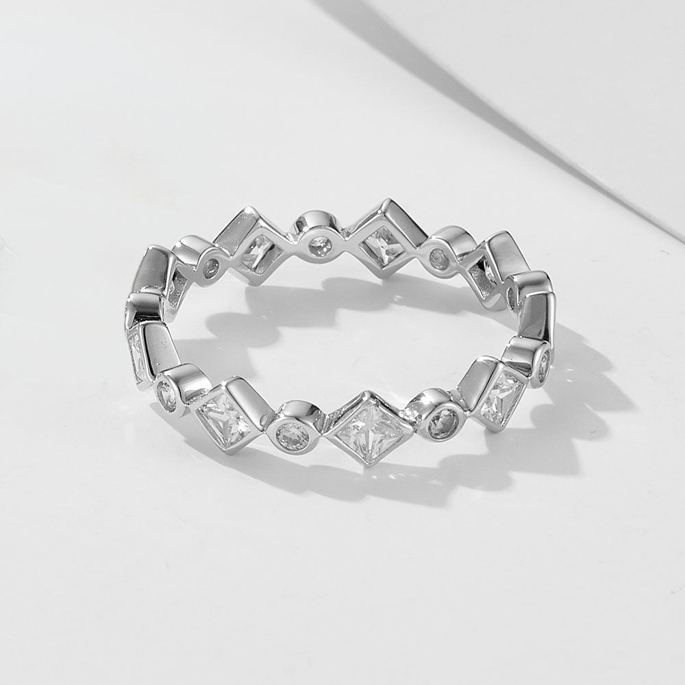 Sterling Silver Sparkling Geometric Rhombus Eternity Ring for Women, Elegant Versatile Jewelry