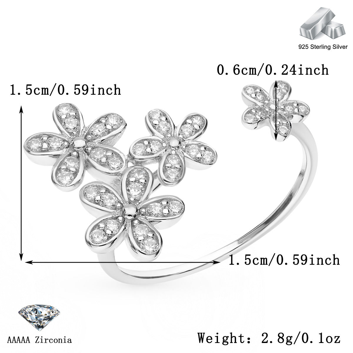 Zircon Flower Ring - S925 Silver Adjustable Sweet Christmas Gift