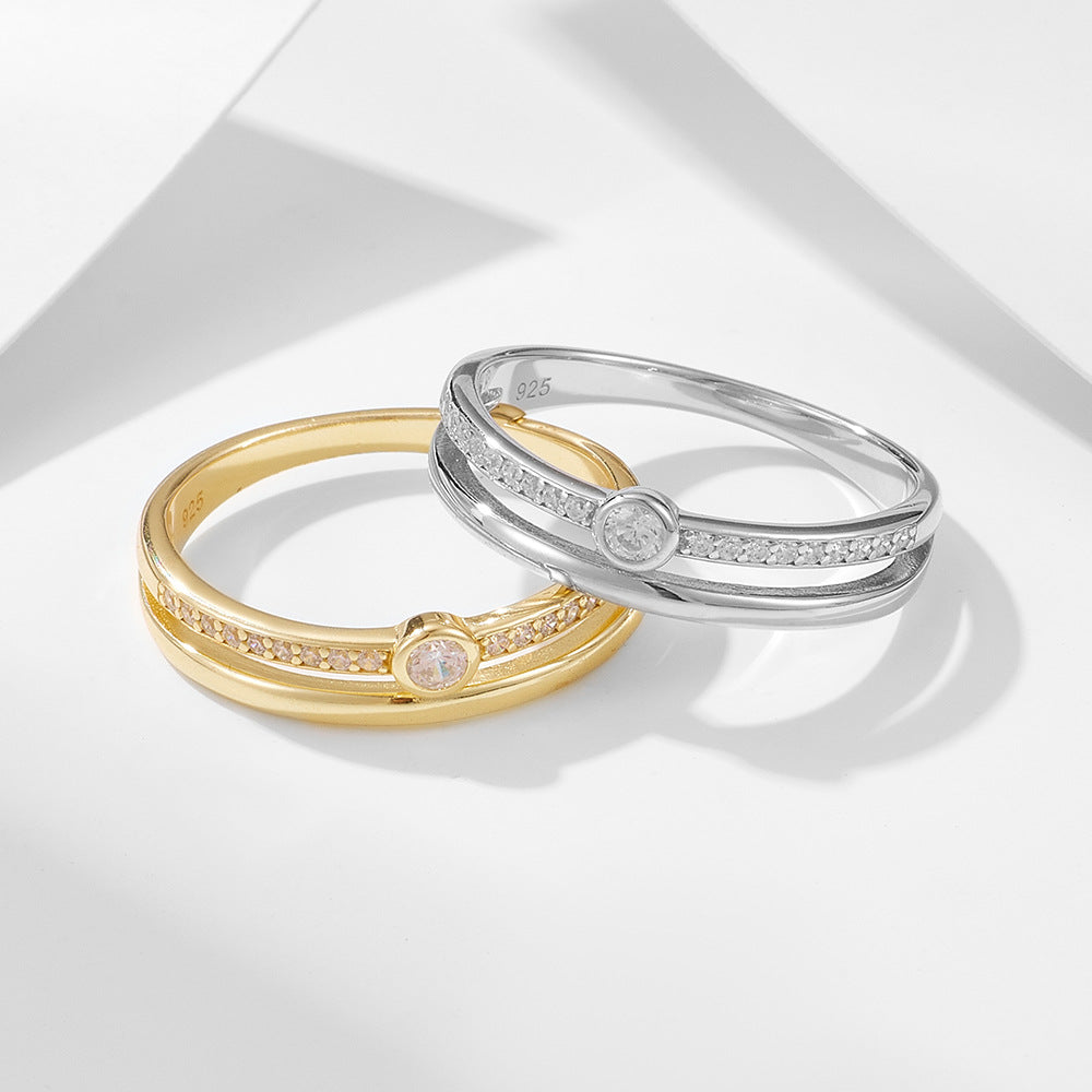 S925 Silver Modern Double-Sided Pave Ring - Sleek Cold Style Trendy Band