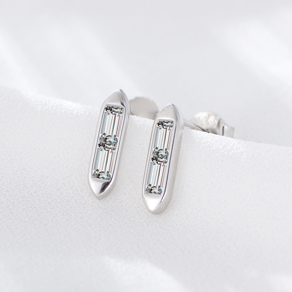 925 Sterling Silver Geometric Bar Stud Earrings, Sparkling Zirconia Jewelry
