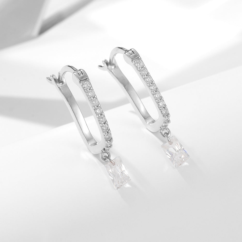 terling Silver Pave Square Zirconia U-Shaped Huggie Earrings for Women