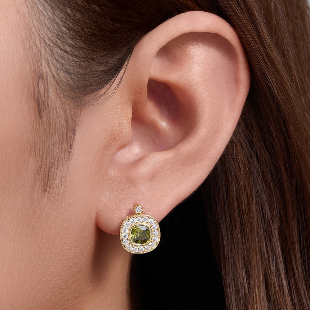 925 Sterling Silver Vintage Olive Green Zirconia Stud Earrings, Minimalist Geometric Jewelry