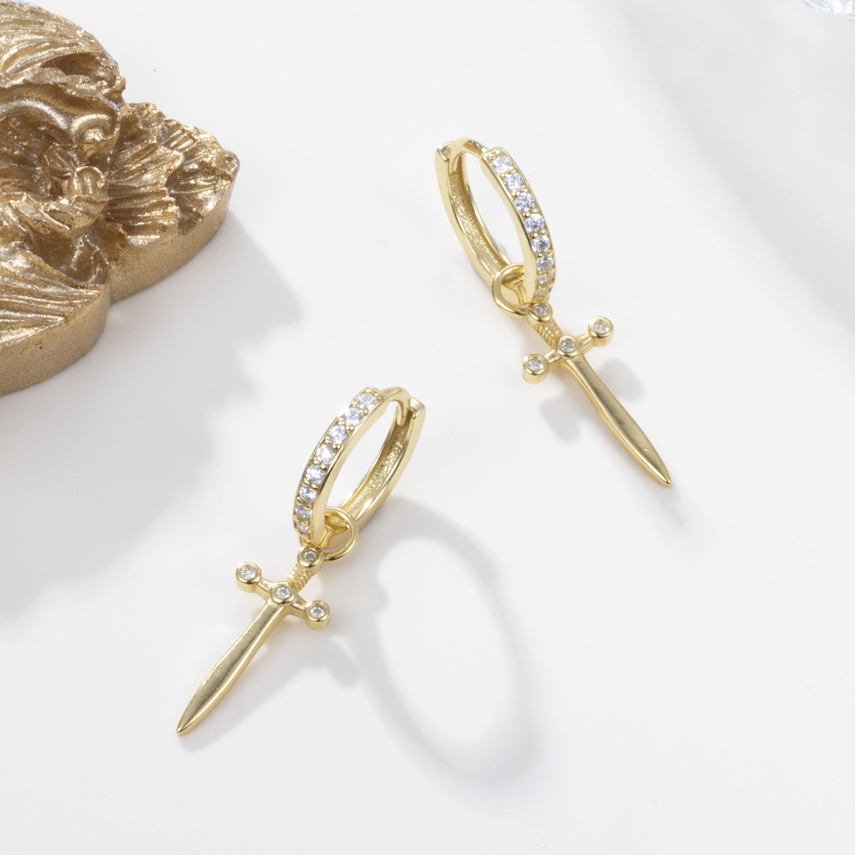 S925 Sterling Silver Cross Dagger Earrings | Light Luxury Zircon Inlay European & American Jewelry