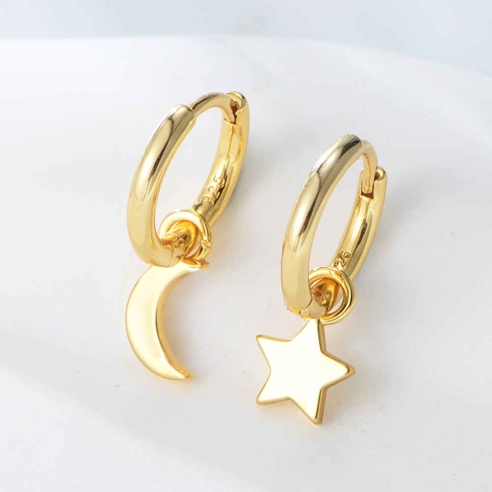 925 Sterling Silver Asymmetric Star and Moon Drop Earrings, Gold-Plated Trendy Aesthetic Jewelry