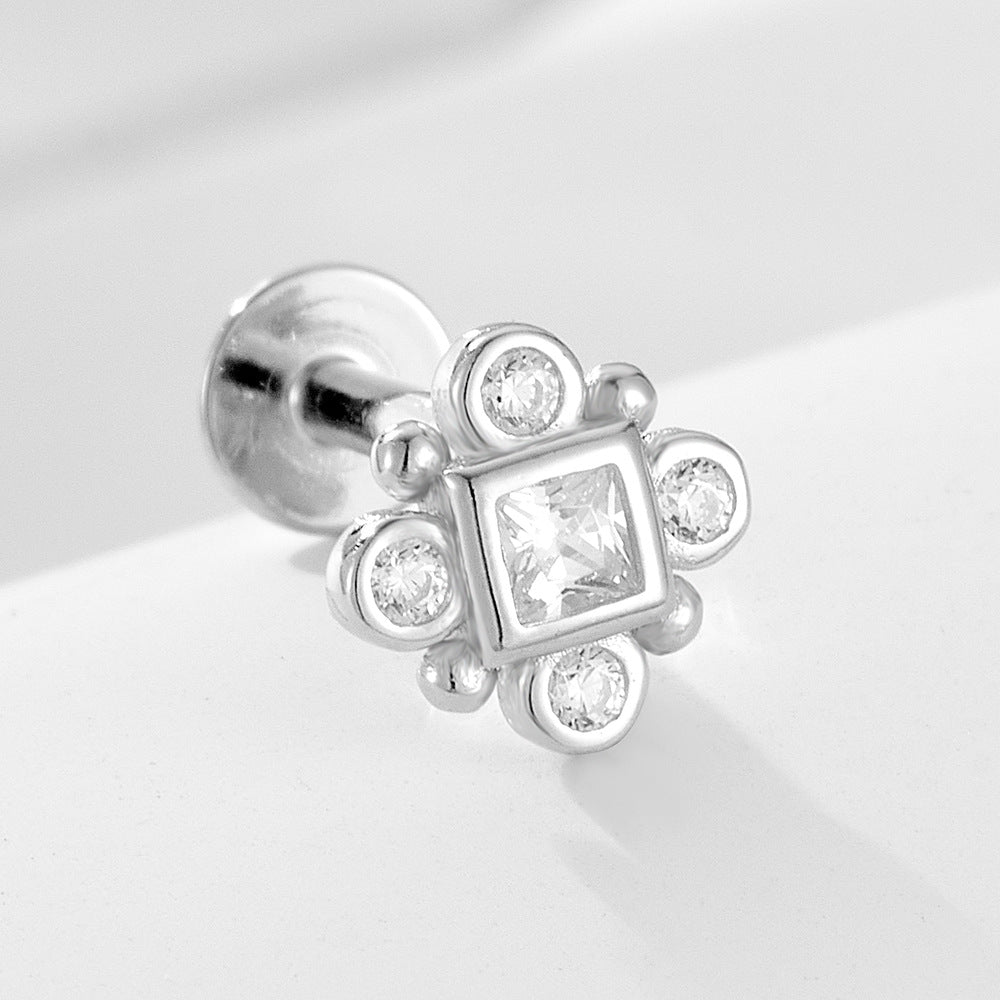 925 Sterling Silver Geometric Opal Labret Stud, Threaded Cartilage Piercing High-End Trendy Jewelry