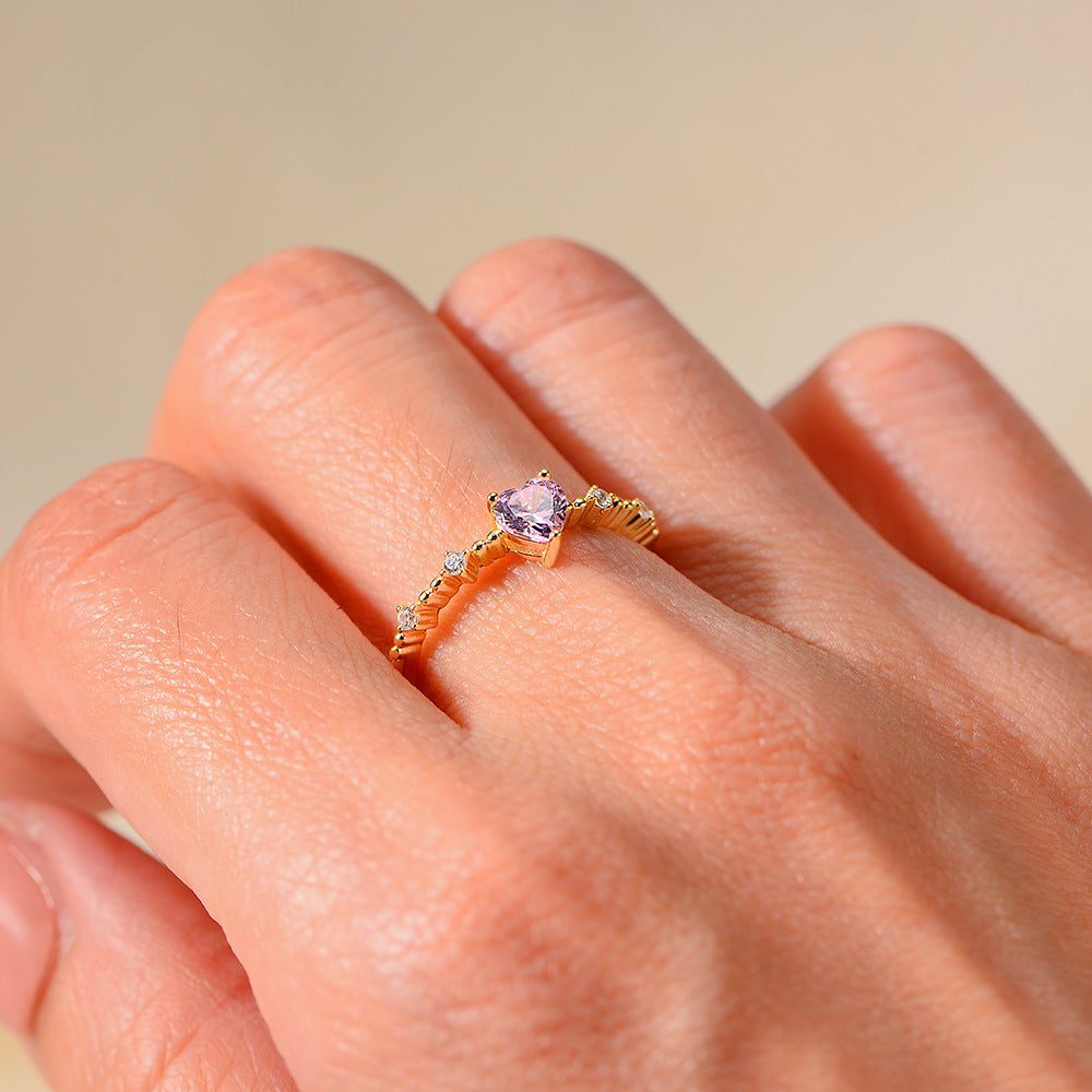 925 Sterling Silver Pink Heart Zirconia Open Ring, Dainty Romantic Aesthetic Adjustable Jewelry