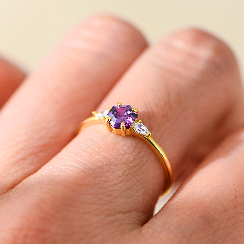 925 Sterling Silver Hexagon Purple Zirconia Ring, Minimalist High-End Geometric Jewelry