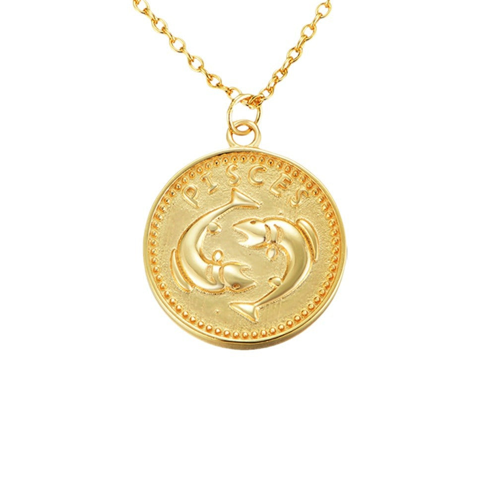 925 Sterling Silver Gold Plated 12 Zodiac Coin Necklace, Vintage Ins Style Jewelry
