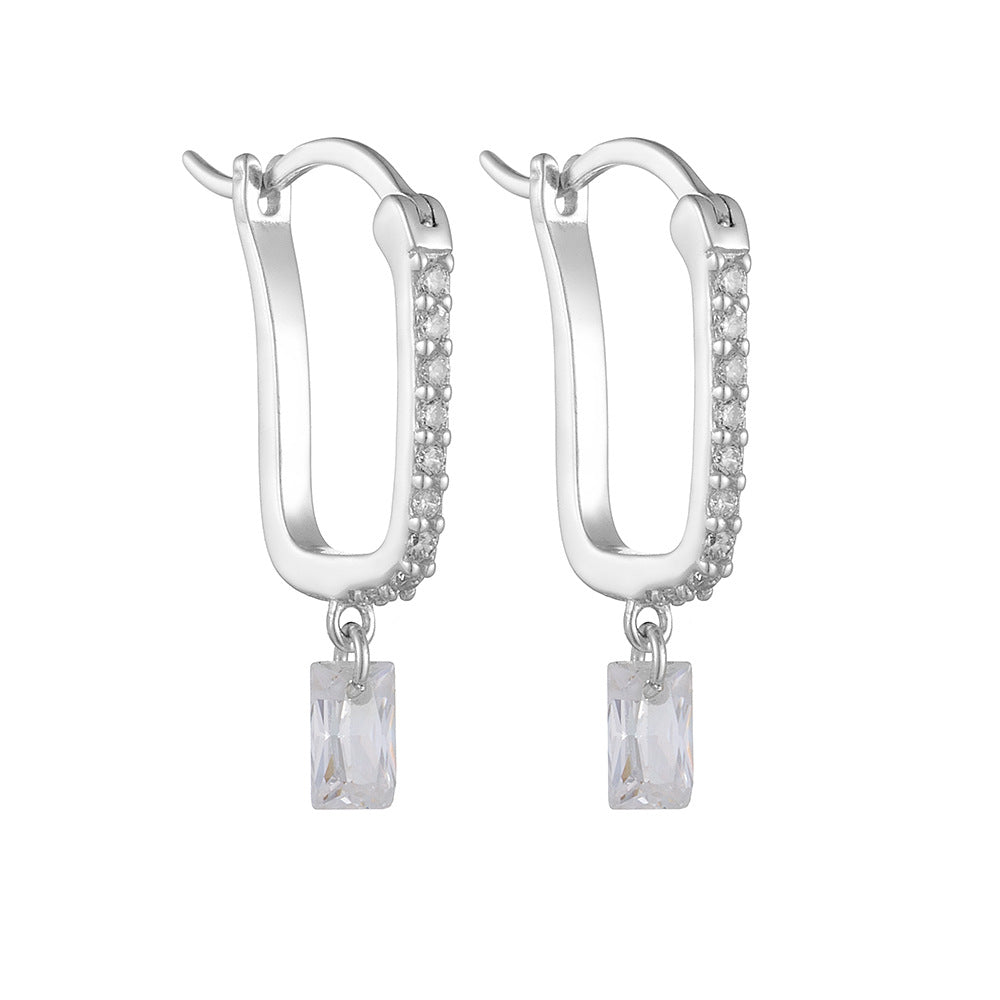 terling Silver Pave Square Zirconia U-Shaped Huggie Earrings for Women