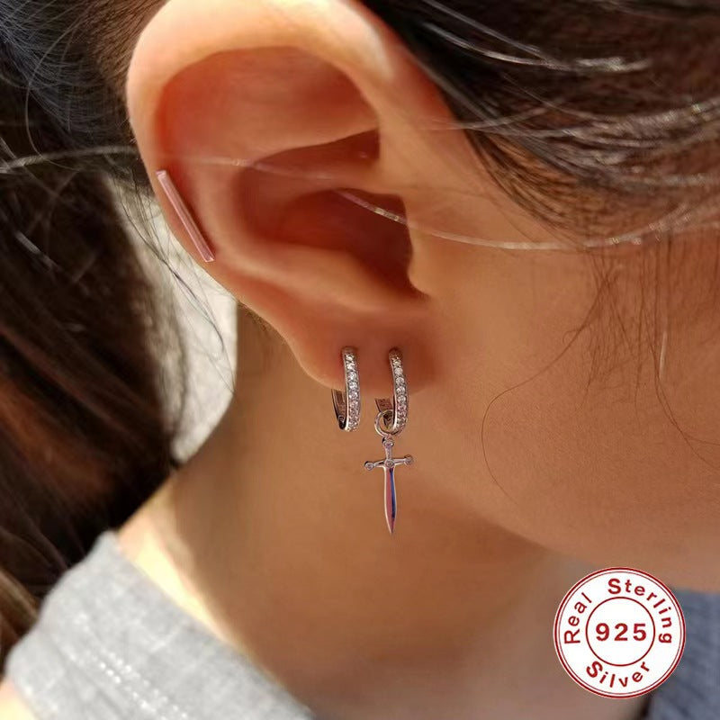 S925 Sterling Silver Cross Dagger Earrings | Light Luxury Zircon Inlay European & American Jewelry