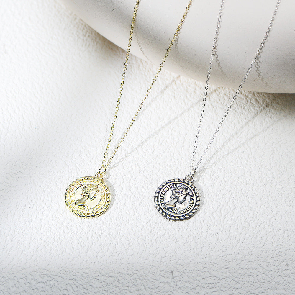 Sterling Silver Elegant Queen Portrait Coin Necklace for Women, Versatile Aesthetic Accessory