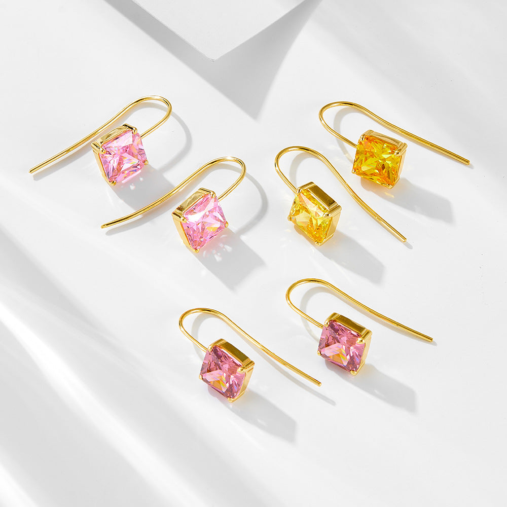 S925 Silver Retro Square Multi-Color Zirconia Earrings - Classic Elegant Dangle