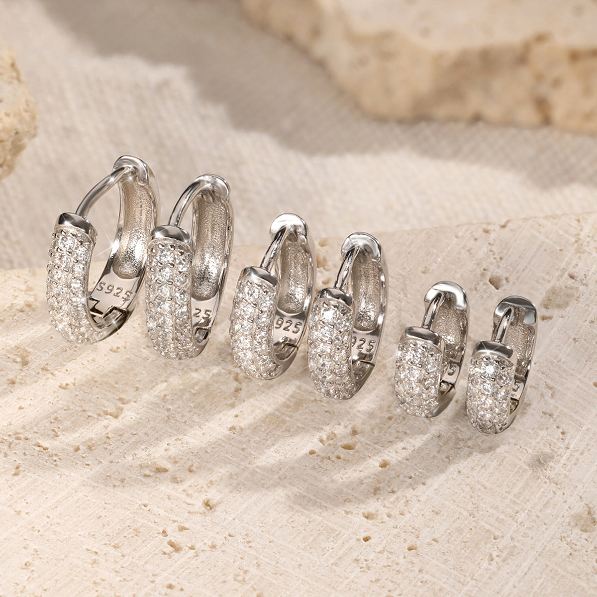 Triple Row Diamond Hoop Earrings - 925 Silver Retro Niche Jewelry