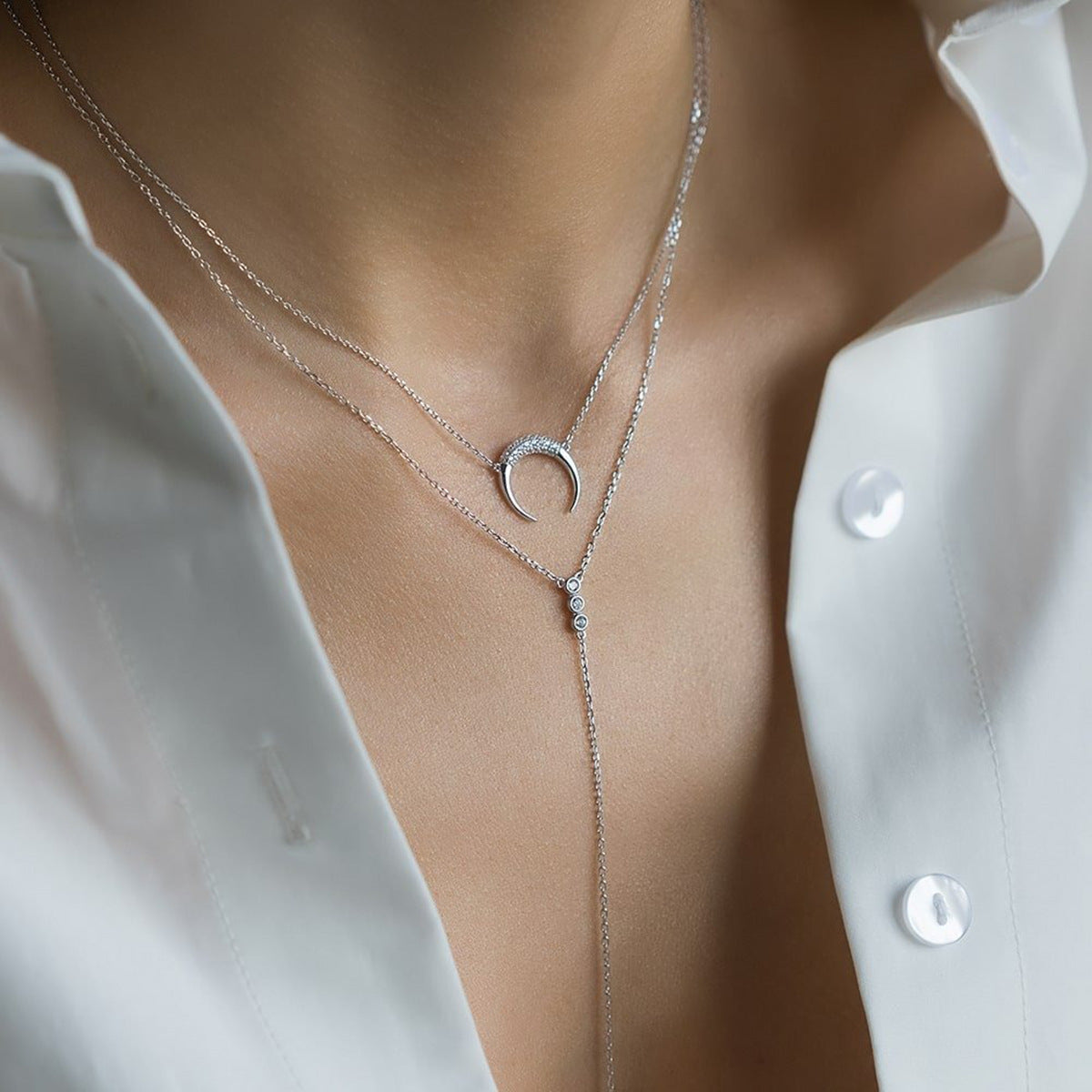 Moon Zircon Necklace - 925 Silver Light Luxury Layering Chain