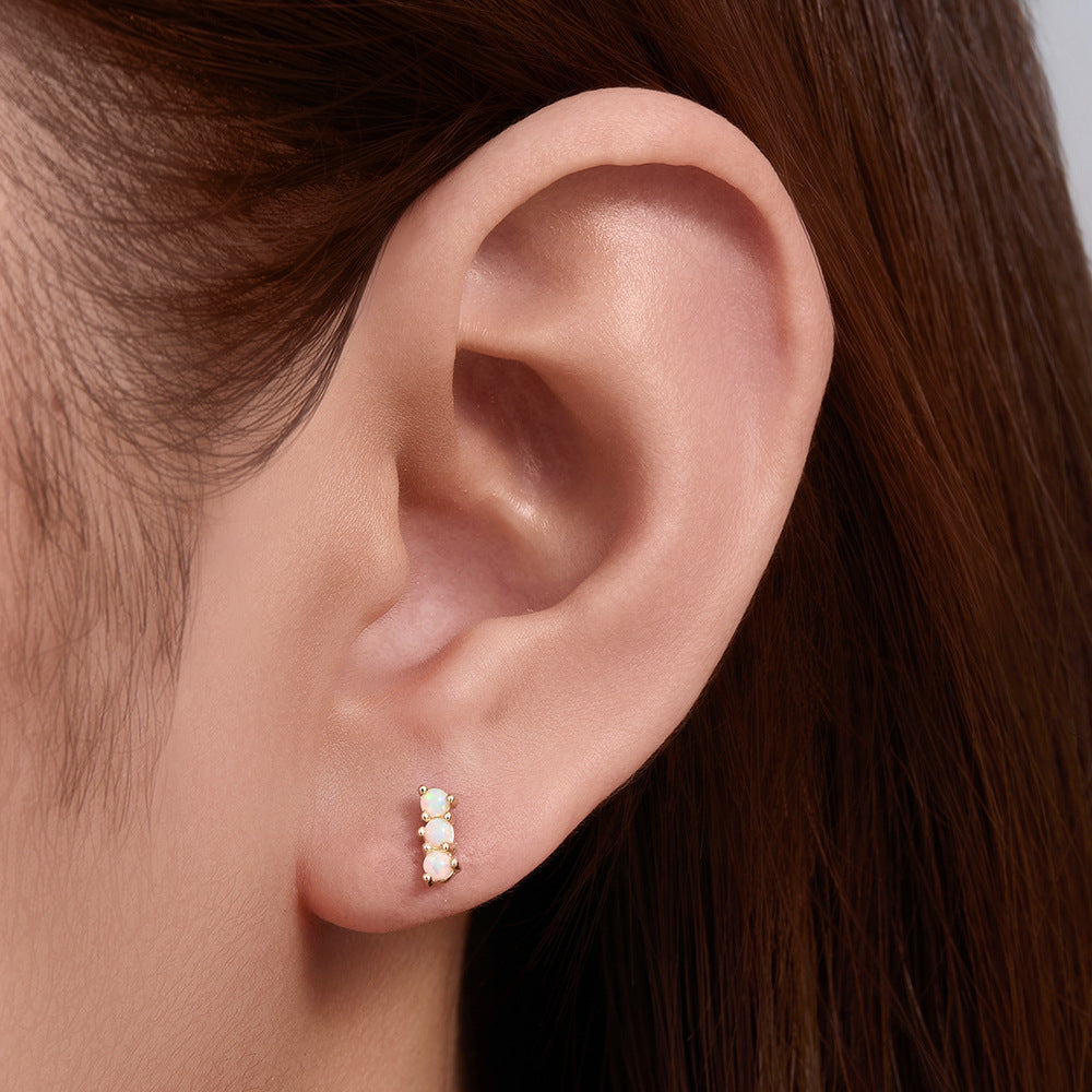 925 Sterling Silver Geometric Opal Labret Stud, Threaded Cartilage Piercing High-End Trendy Jewelry