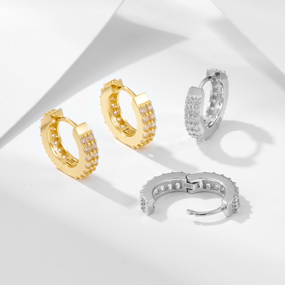 925 Sterling Silver Double Row Zirconia Huggie Hoops, Micro-Pave Small Hoop Earrings for Women, Minimalist Geometric Ear Buckles